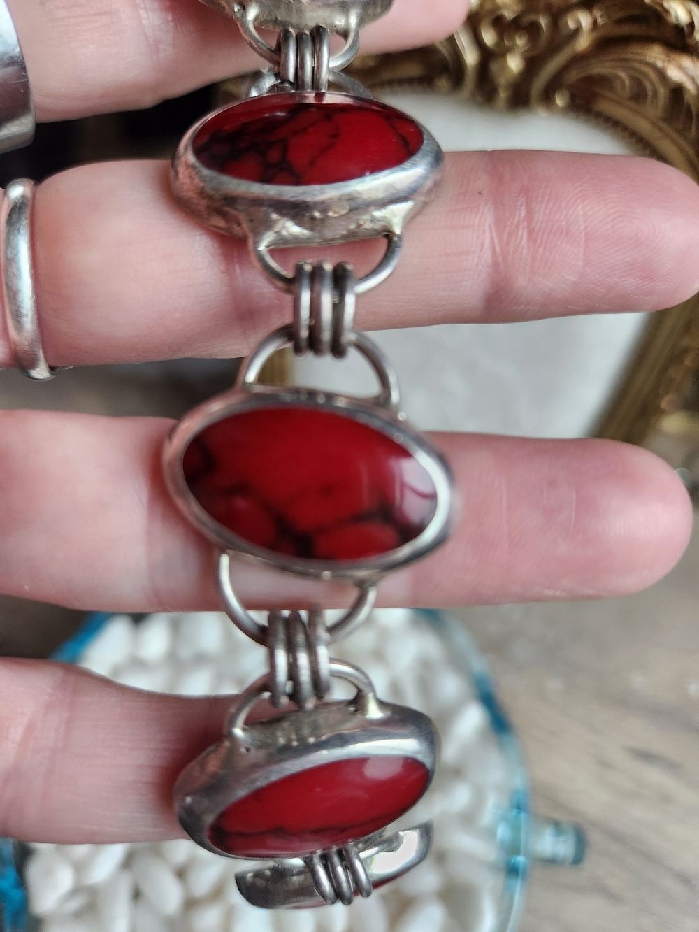 Vintage Red Jasper Sterling .925 Stamped Taxco, Mexico Link Bracelet - Women - Picture 6 of 10